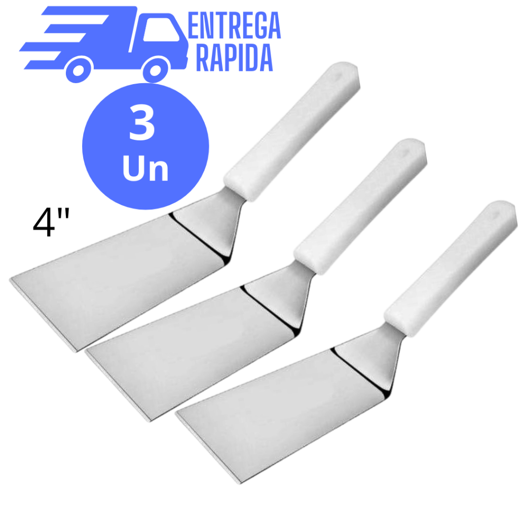 Kit 3 Espátula Chapeiro Profissional  Curva em Aço Inox 4 polegadas- Cozinha Burger Churrasco