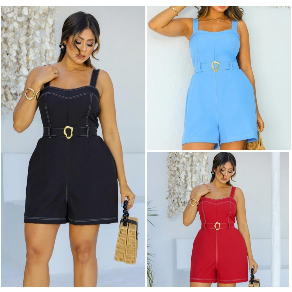 Macaquinho Feminino de Alcinha Com Cintinho Alfaiataria Louis Twill Social Elegante MODAS MAY