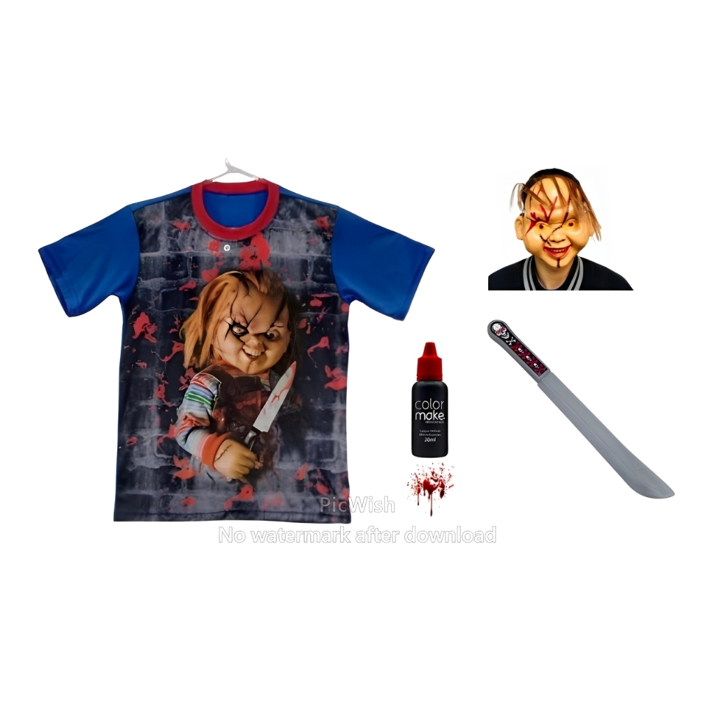 Camisa Máscara Facão Sangue 20 ML Chucky Boneco Assassino Adulto Hallowen