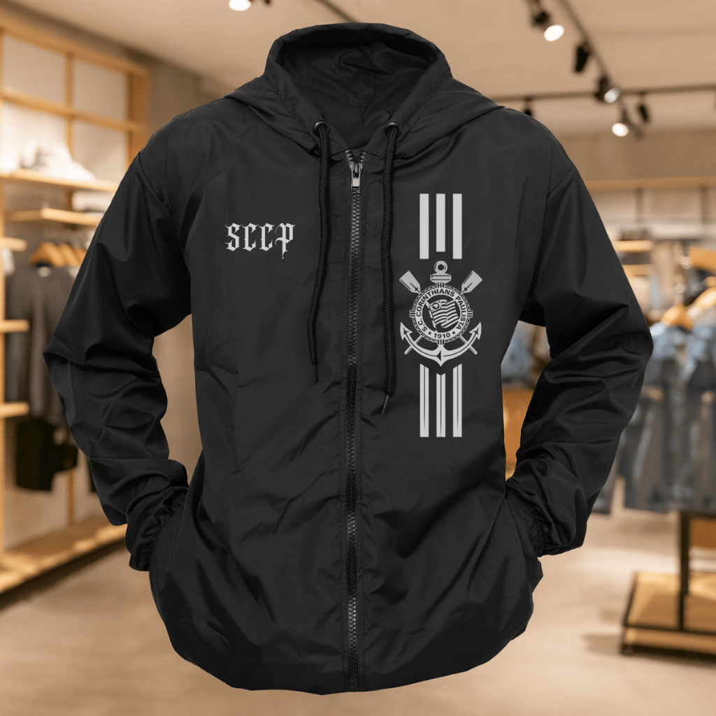 Casaco Corta Vento Timão Listrado Adulto E Infantil Jaqueta Impermeável Com Capuz E Zíper