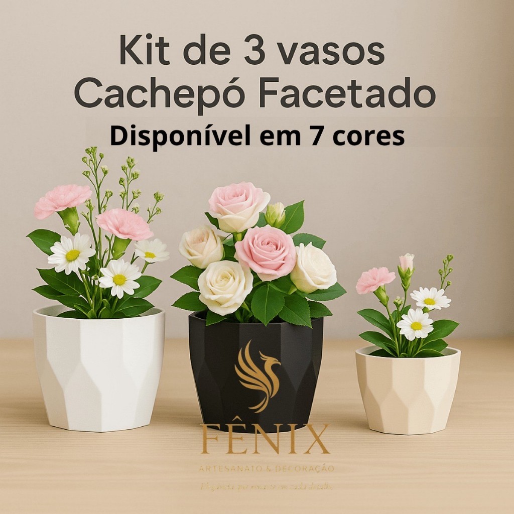 Kit Jogo 3 Vasos para Plantas Decorativo Cachepô Liso Injetado Centro Mesa Suculentas Cactos