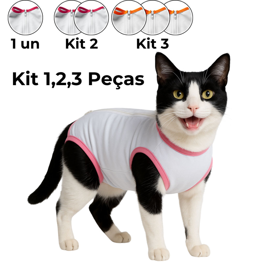 Kit 1,2,3 Roupas Pós Cirúrgica Pet - Macacão Protetor para Gato Castração Cirurgia Macho e Fêmea