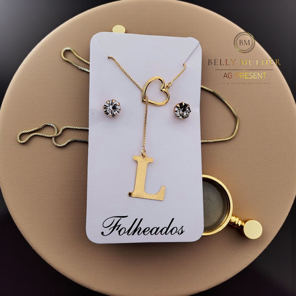 Conjunto Colar  Gravatinha Letra Inicial do Nome + Brincos Cravejados Folheado a Prata 925 e Ouro 18K em Oferta na Shopee