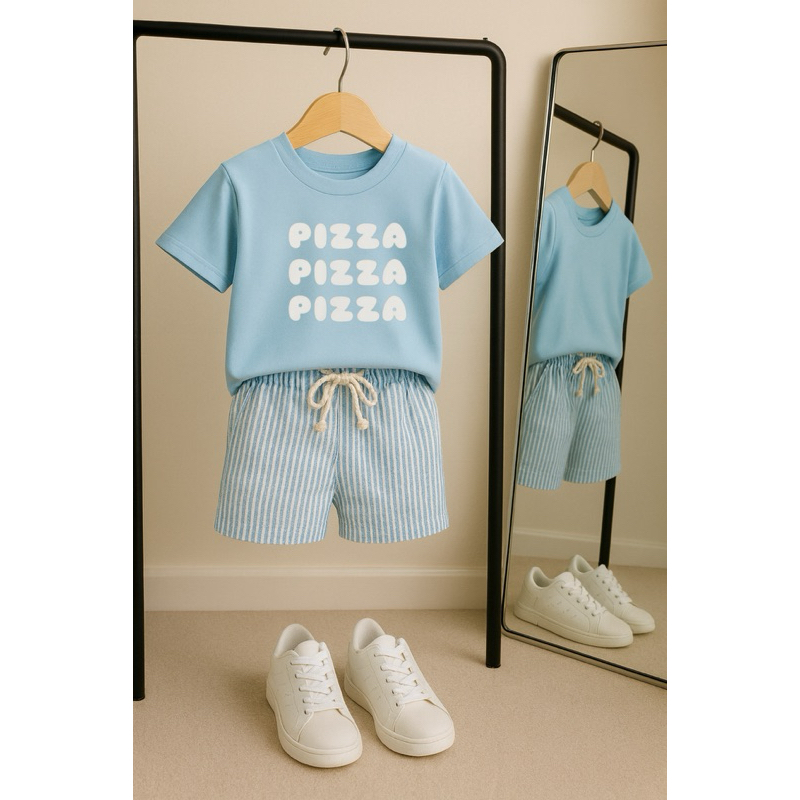 conjunto shorts verao infantil menino confortável | camiseta azul bebe estampa pizza branca e bermuda listras azul
