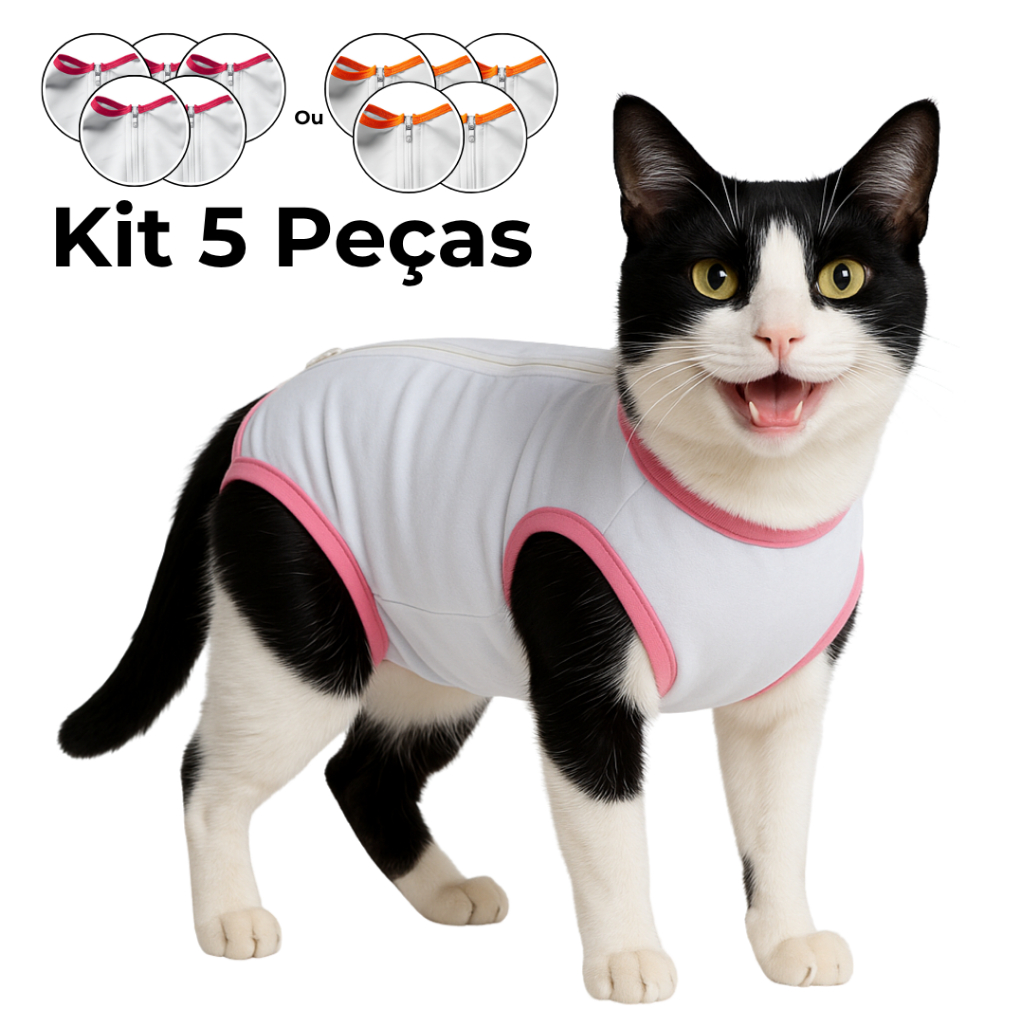 Kit 5 Roupas Pós Cirúrgica Pet - Macacão Protetor para Gato Castração Cirurgia Macho e Fêmea
