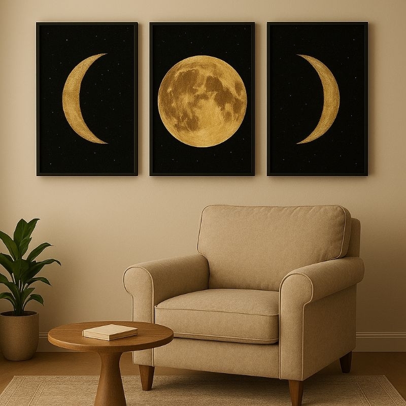Quadro decorativo de 3 peças sobre as fases da lua para decoração do seu quarto,sala, escritório,etc.