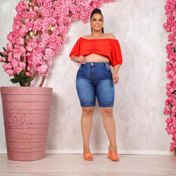 Bermudas Jeans Plus Size Feminina Ciclista Até o Joelho Com Elastano Cintura Alta Até o Umbigo Lycra em Oferta na Shopee