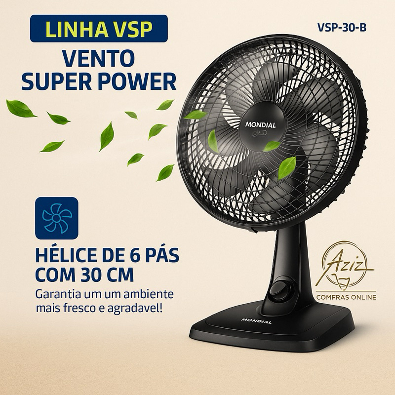 Ventilador Mondial Super Power 30cm (6 Pás) – 60W de Potência, Vento Forte e Silencioso! 220V