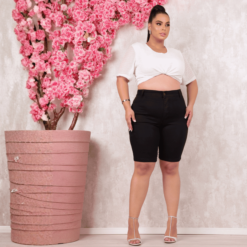 Bermudas Jeans Plus Size Cintura Alta Até o Joelho Elastano em Oferta na Shopee