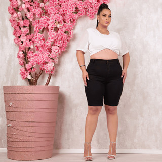 Bermudas Jeans Plus Size Cintura Alta Até o Joelho Elastano