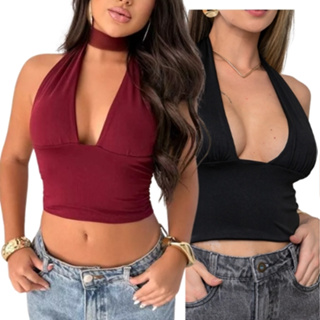Top Cropped Frente Unica Multi Formas Amarraçao no Pescoço Decote Forrado Tendencia Moda Blogueira em Oferta na Shopee