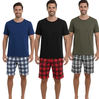 Pijama Masculino Curto Básico Xadrez/Pijama Verão Estampado Divertido Desenho/ Pijama Masculino Curt