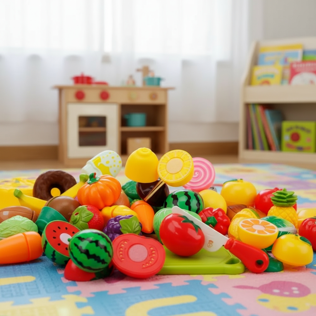 Kit Frutinhas Legumes de Brinquedo Com Velkro Cortar Faca Pizza Sorvete Doces Crec Crec 41Peças