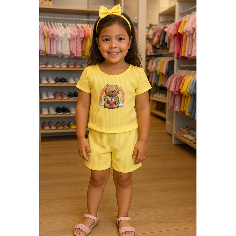 15 Itens (5 blusa + 5 short + 5 laço de cabelo ) veste 3 - 6 anos tamanho único (tecido canelado)