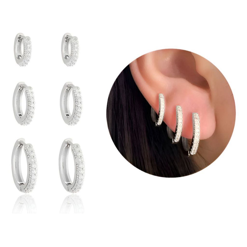 Trio de argolas P/M/G cravejadas com zircônia lindas para mulheres kit de três pares de argola cravejada zircônia