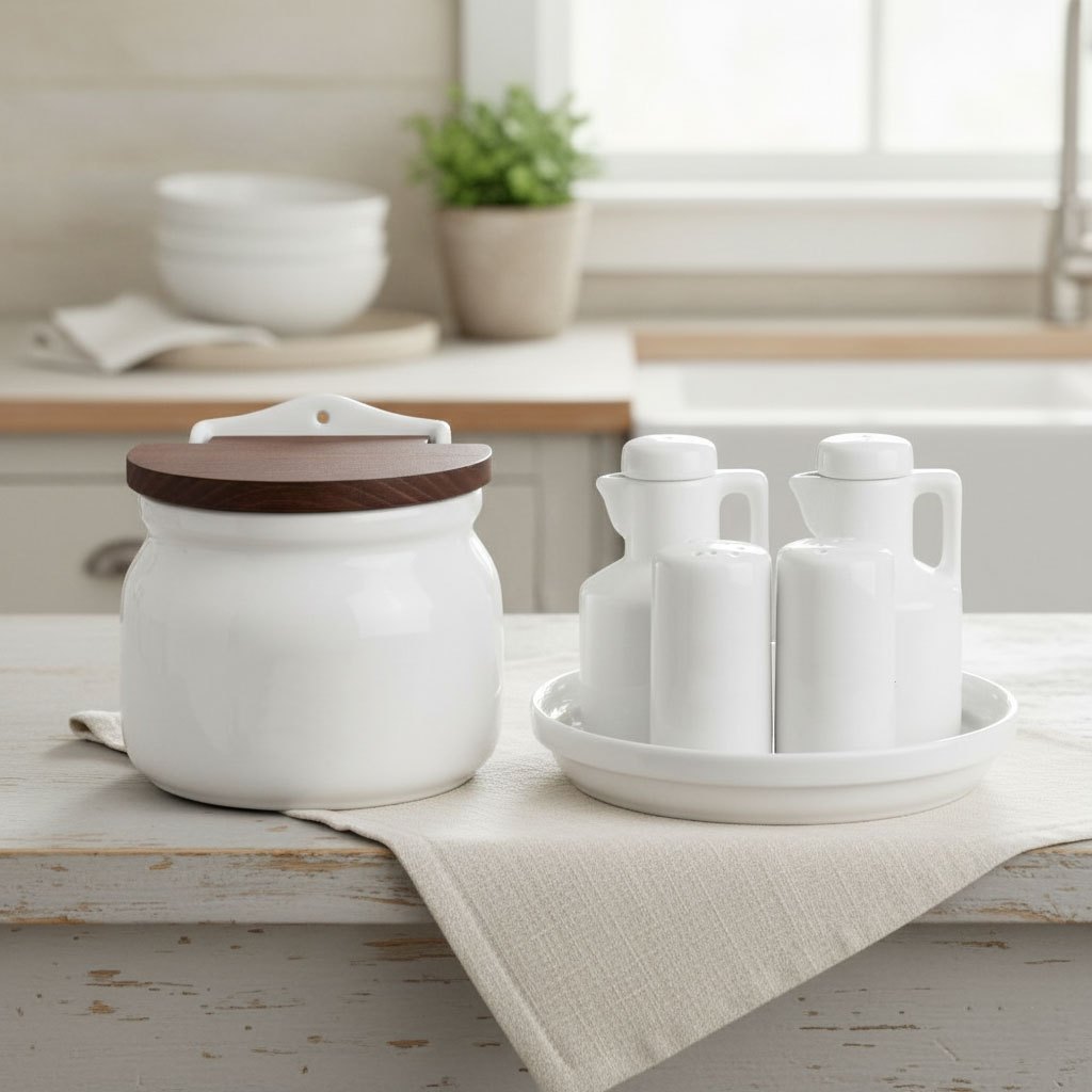 Galheteiro jumbo com saleiro tampa de madeira porcelana