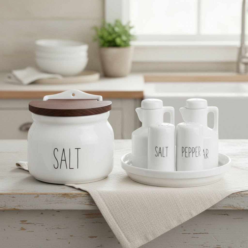 Galheteiro jumbo com saleiro tampa de madeira porcelana words
