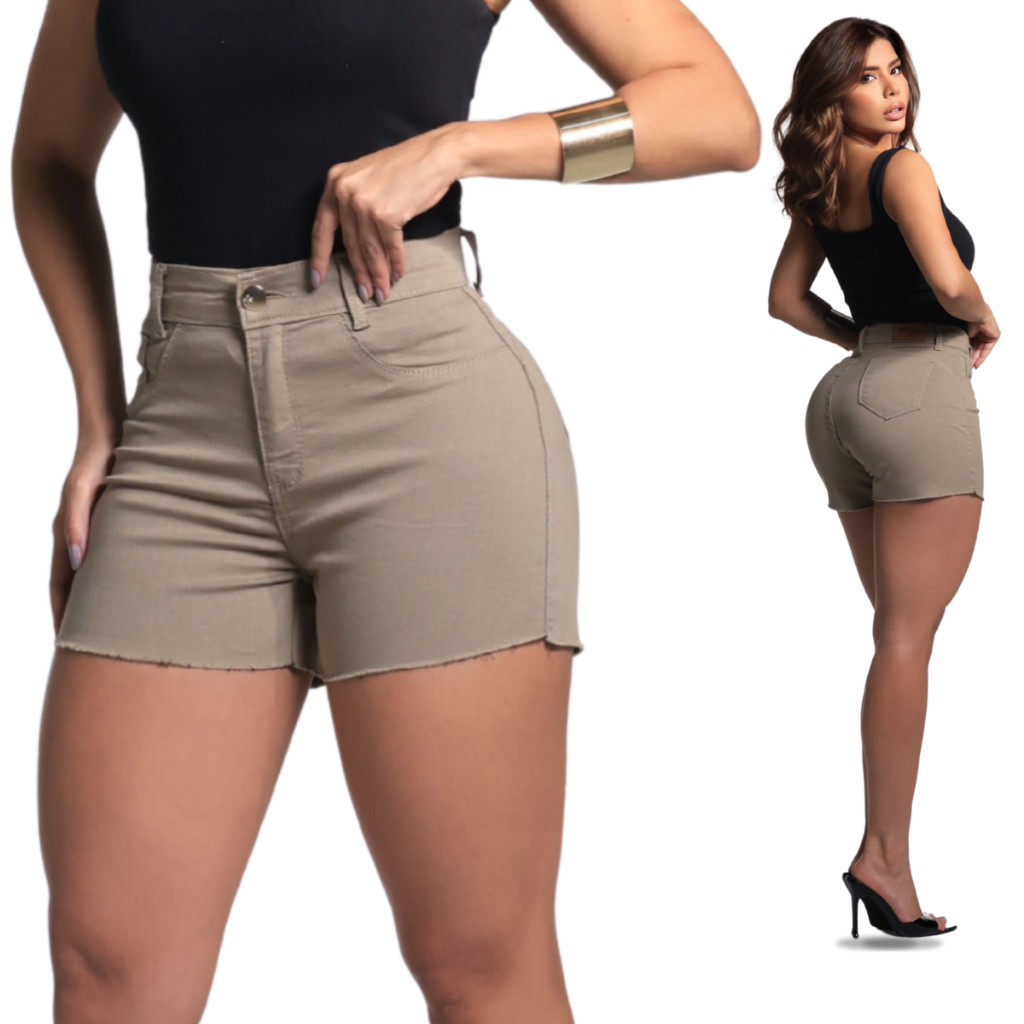 Short Feminino Jeans Bege Cintura Alto Desfiado Com Lycra Curto Levanta Bumbum Brim Elastano em Oferta na Shopee