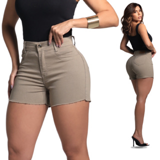 Short Feminino Jeans Bege Cintura Alto Desfiado Com Lycra Curto Levanta Bumbum Brim Elastano em Oferta na Shopee