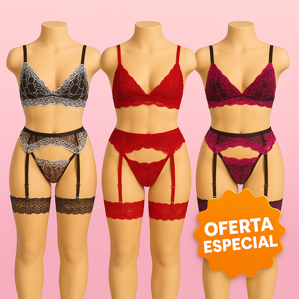 Conjunto Lingerie Sensual | Renda Fio Dental | Fantasia com Cinta Liga | Look Sensual Feminino