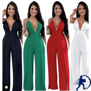 Macacão Pantalona Elegante Feminino com Bojo, Decote V e Fenda na Perna Tamanhos M,G,GG