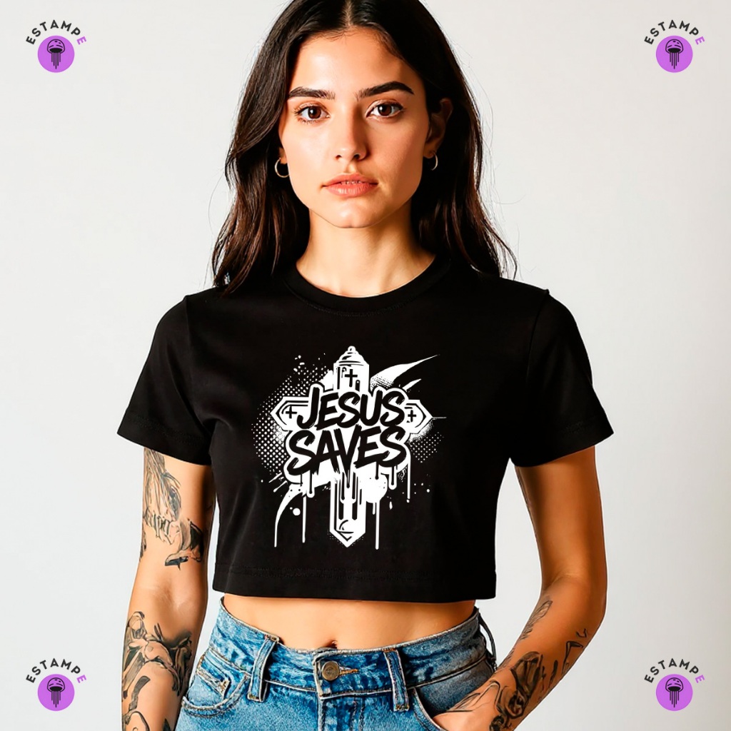 Camiseta Cropped Jesus Cristo Salva Blusa 100% Algodão Premium Adulto Feminino