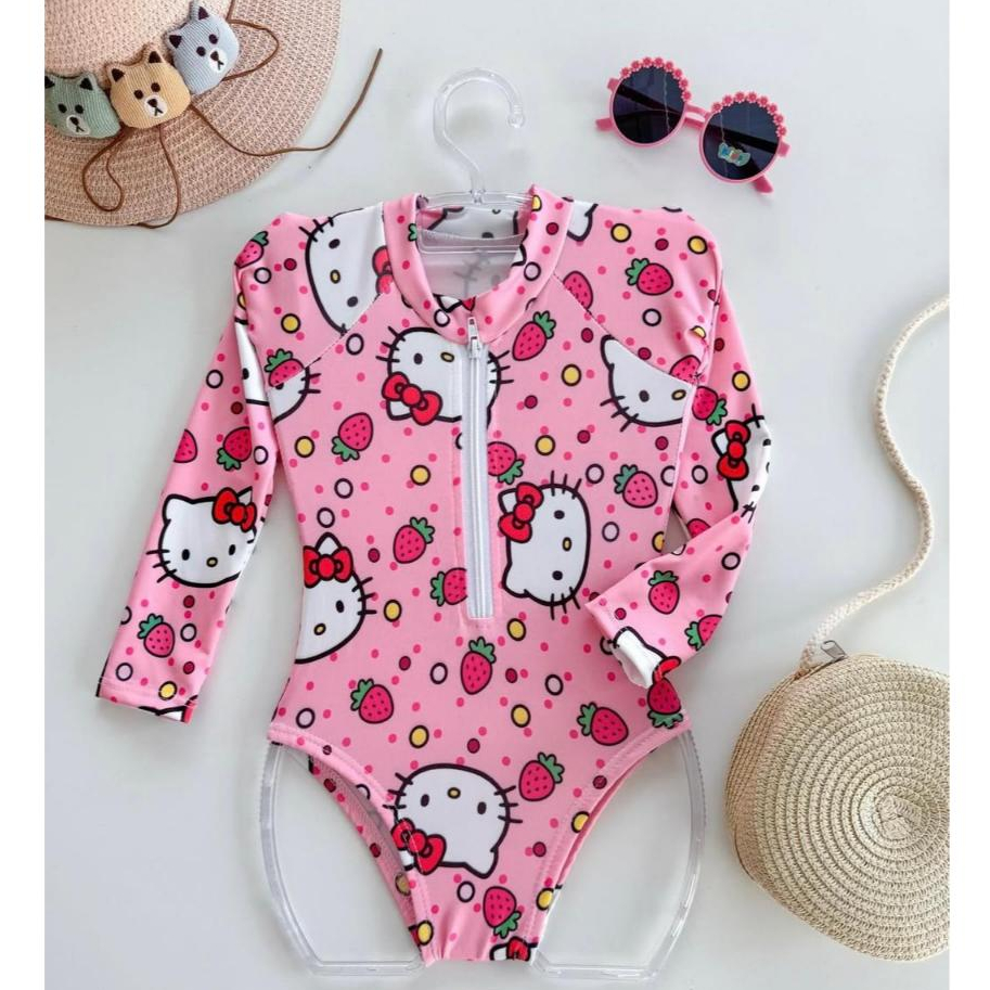Maiô Infantil Hello Kitty Manga Longa C/ Zíper | Proteção UV FPS 50 | Praia Piscina Moda Blogueira