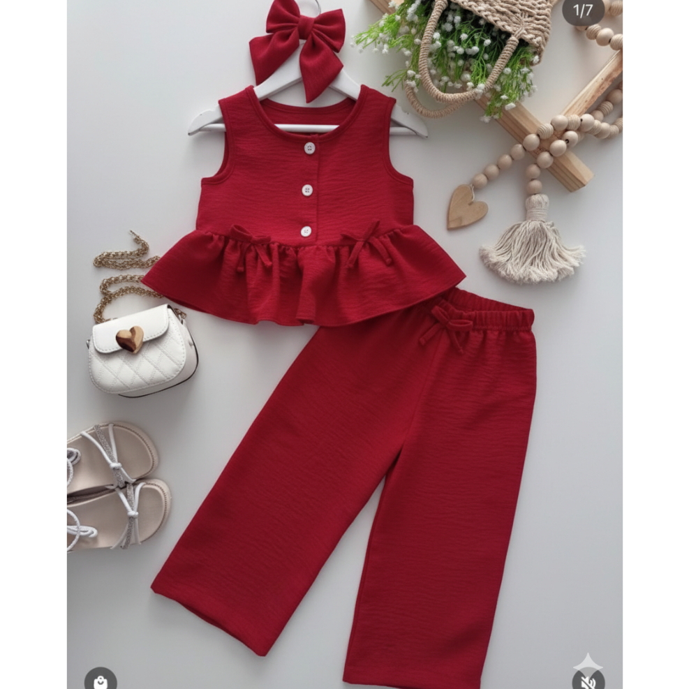 Conjunto Vermelho "Charme e Conforto" | Blusa Peplum + Calça Pantalona Infantil