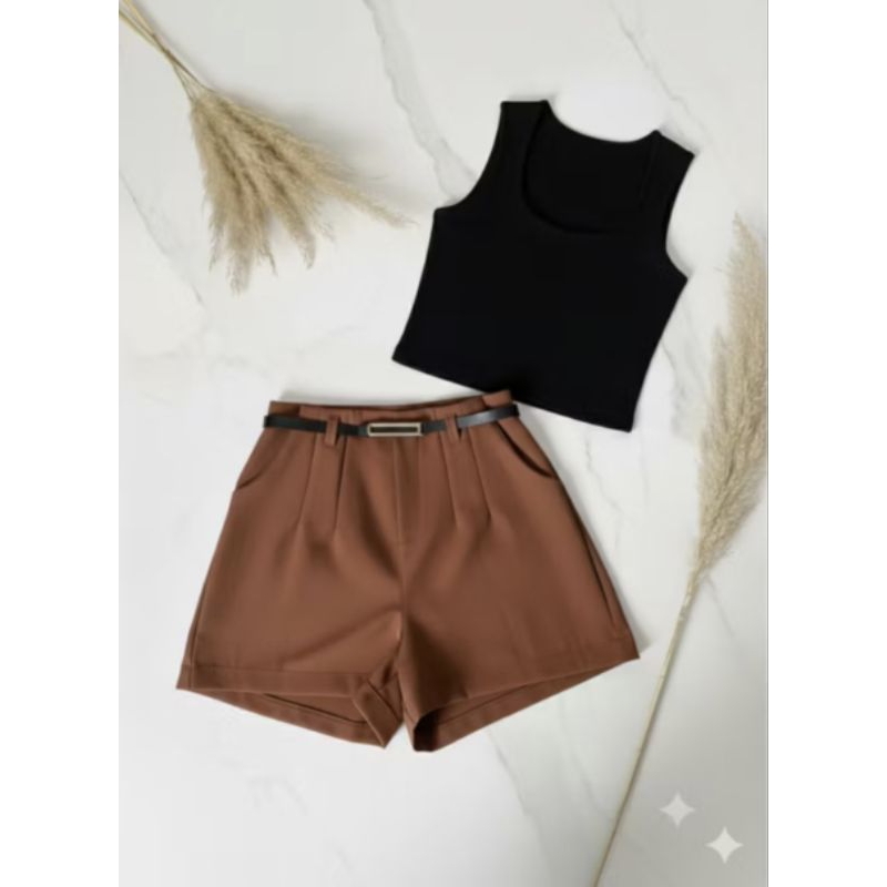 Conjunto Kit Short Cinto+Cropped Blusinha Regatinha Decote Quadrado Tendência Verão 2025 Moda Blogueira Feminina Casual