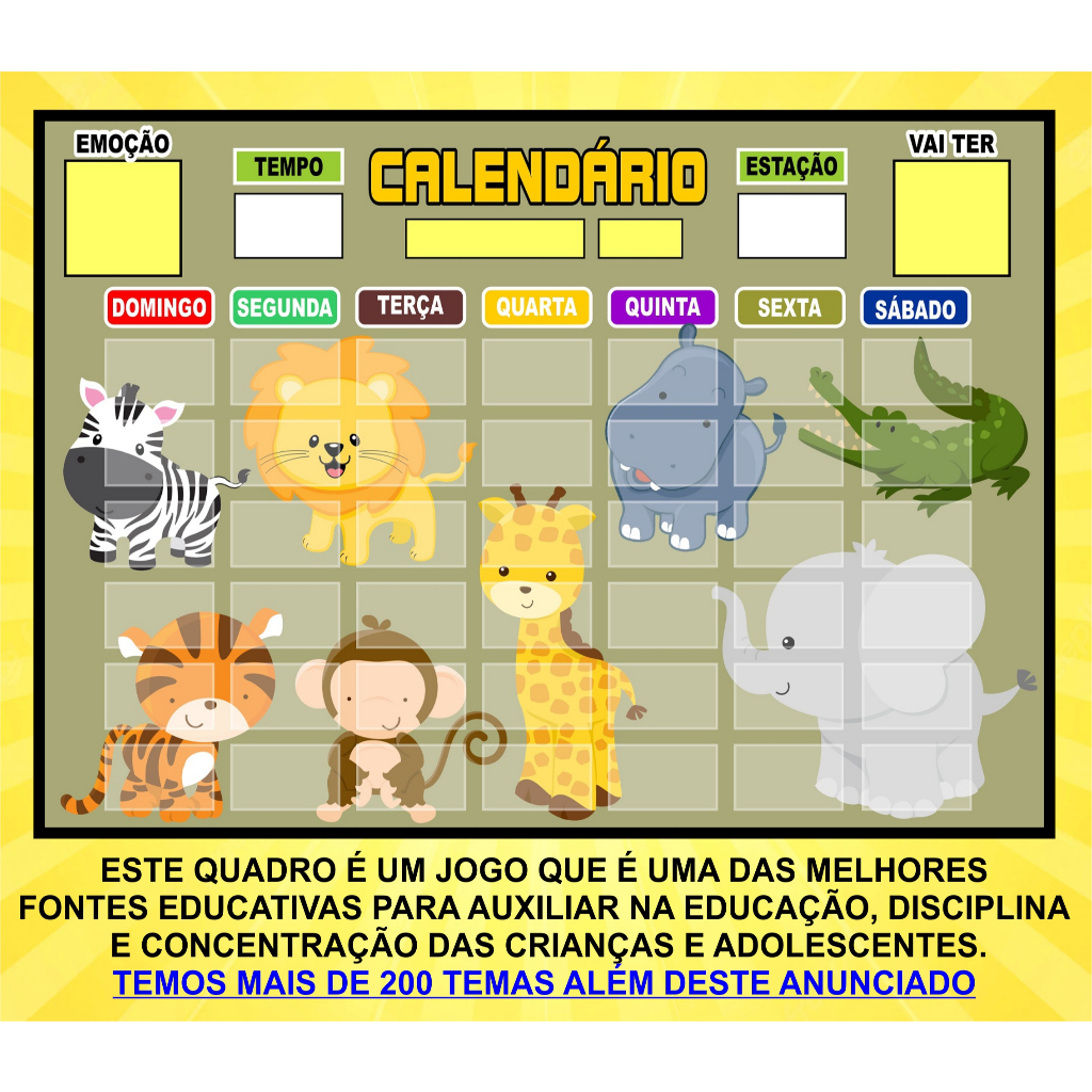 Calendário Magnético Montado Safari Baby com Cartela de Tags tamanho A4 Infantil Educativo Organizador Imã de Geladeira
