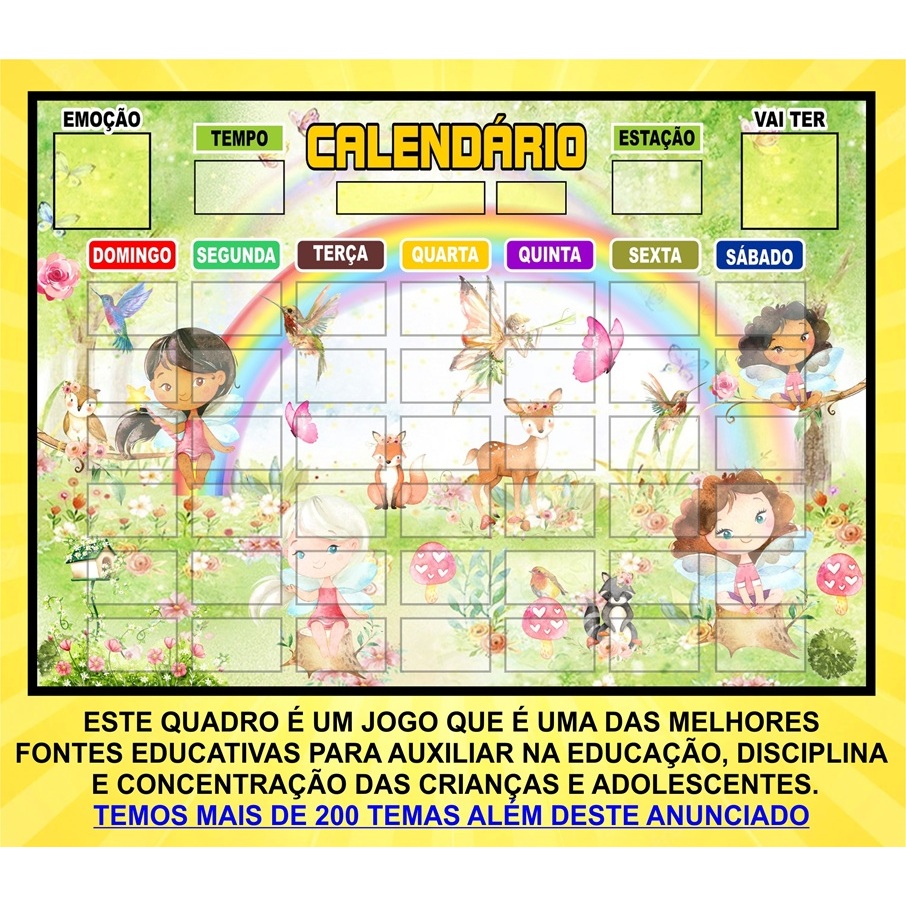 Calendário Montado Divertido Imã Jardim das Fadas A4 com Cartela de Tags Organizador Infantil Educacional