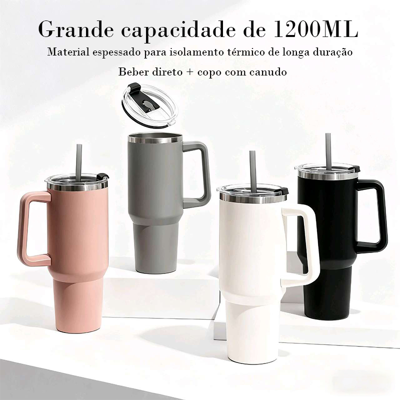 Copo Térmico Inox 1200ml Generosa Com Tampa e Canudo Portátil Copo de Carro Parede Dupla Copo Garrafa Térmica