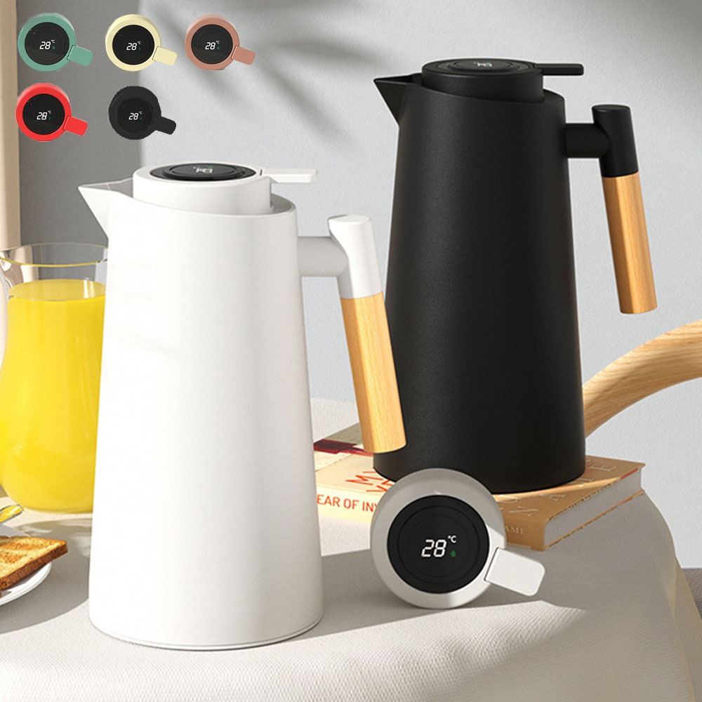 Garrafa Térmica A Vácuo 1L Com Termômetro LED Para Chá Café, Cabo Madeira em Oferta na Shopee