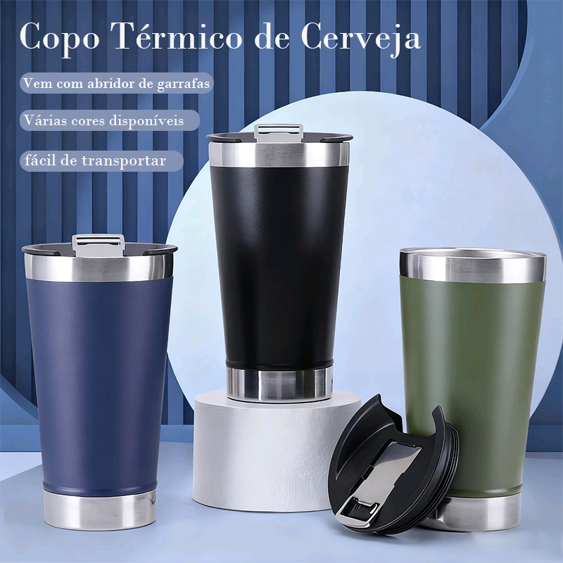 Copo Térmico de Cerveja 473ml Com Tampa e Abridor de Garrafas Para Cerveja / Refrigerante Alta Qualidade Copo Inox em Oferta na Shopee