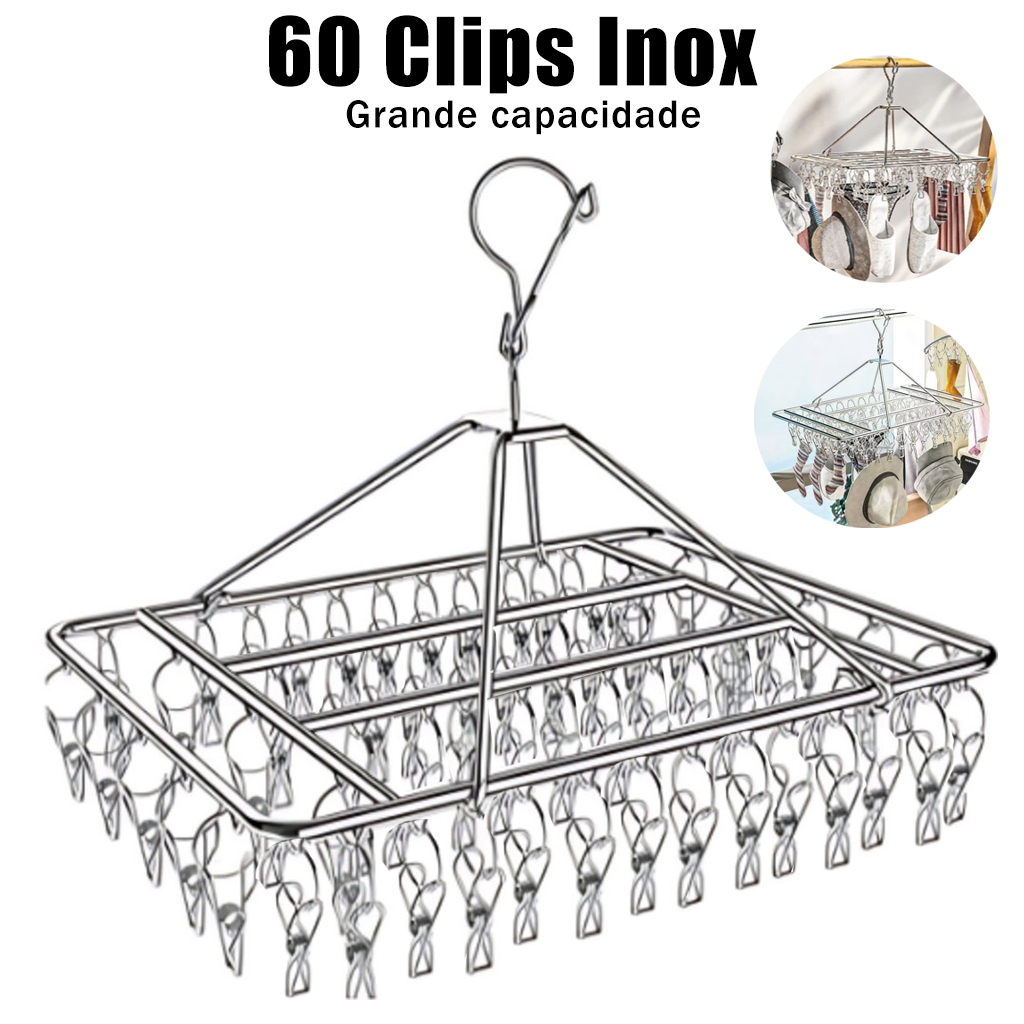 Varal 60 Clips Inox Prendedores Roupa Bebe Calcinha Cueca Dobrável Inox