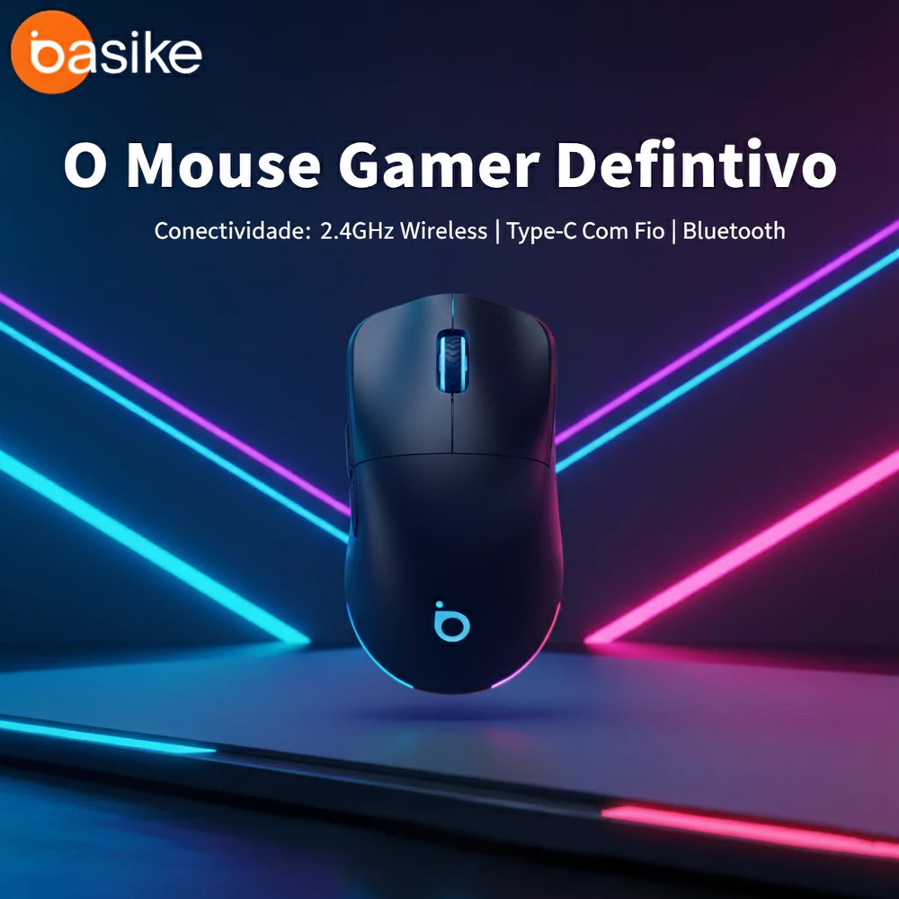 Basike Mouse Gamer Sem Fio RGB 3 Modos 2.4GHz + Bluetooth 5.1 12000DPI Recarregável Ergonômico com Luz LED