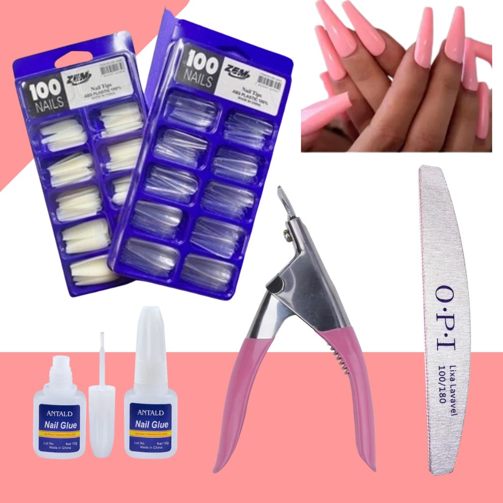 Kit Unha Postiça Bailarina Realista Leitosa ou Transparente + Cola com Pincel + Cortador de Tips em Oferta na Shopee
