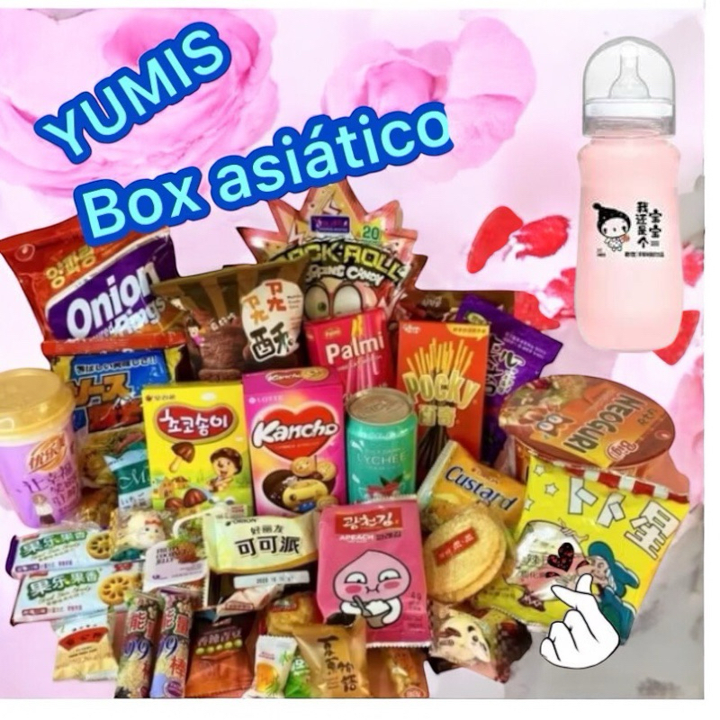 Caixa Oriental Asiática com Mix de Guloseimas, Balas, Doces, Salgadinhos, lamen, e mamadeira de vidro sabor variado Caixa Oriental Asiática com Mix de Guloseimas, Balas, Doces, Salgadinhos, lamen, e mamadeira de vidro sabor variado