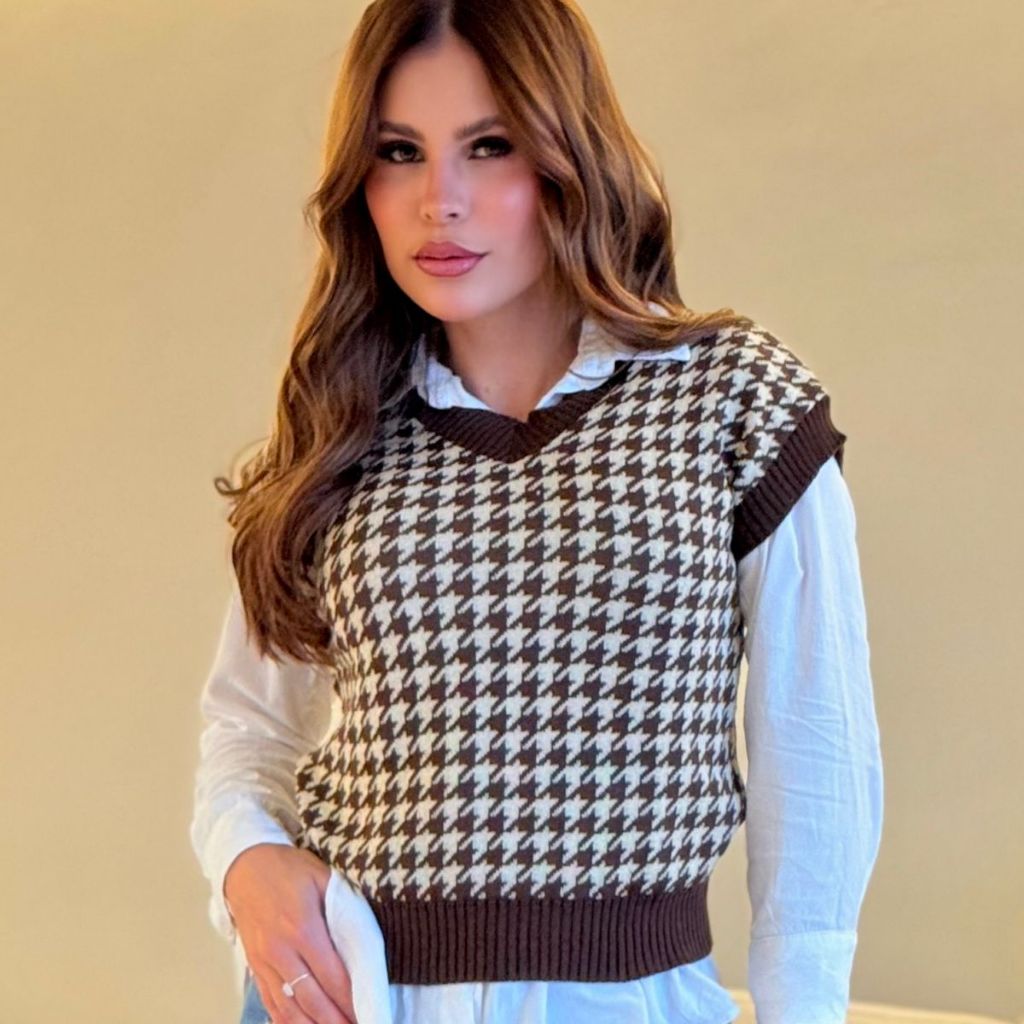 Pied Poule Xadrez Inverno Colete Trico Moda Feminina Blusa de Frio