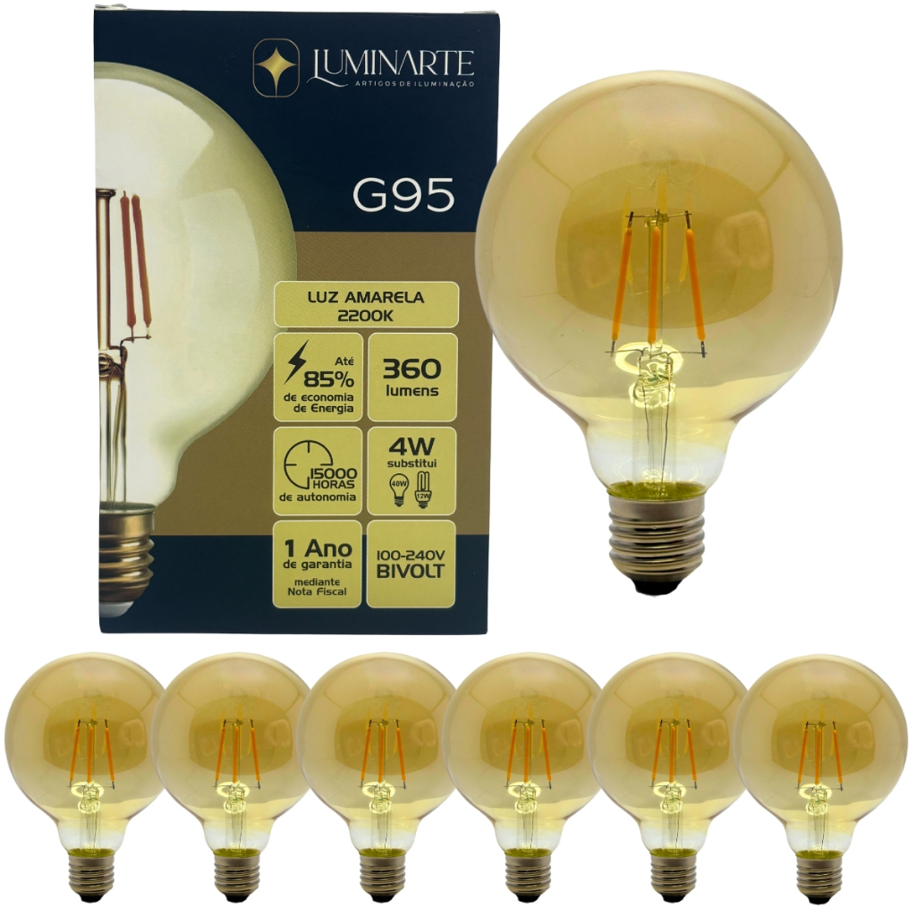 Kit 6 Lâmpadas Filamento Led G95 Âmbar Bivolt 4W 2200K Luz Amarela Luminarte em Oferta na Shopee