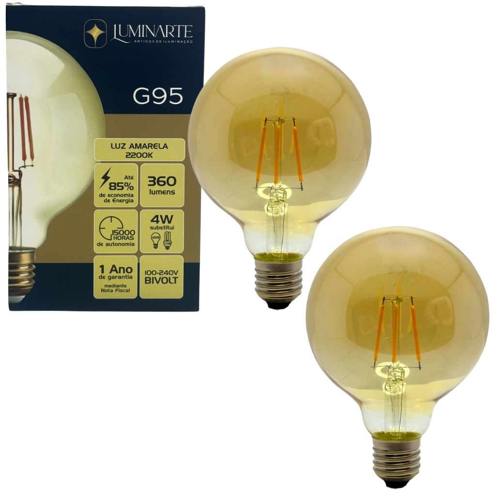 Kit 2 Lâmpadas Filamento Led G95 Âmbar Bivolt 4W 2200K Luz Amarela Luminarte em Oferta na Shopee