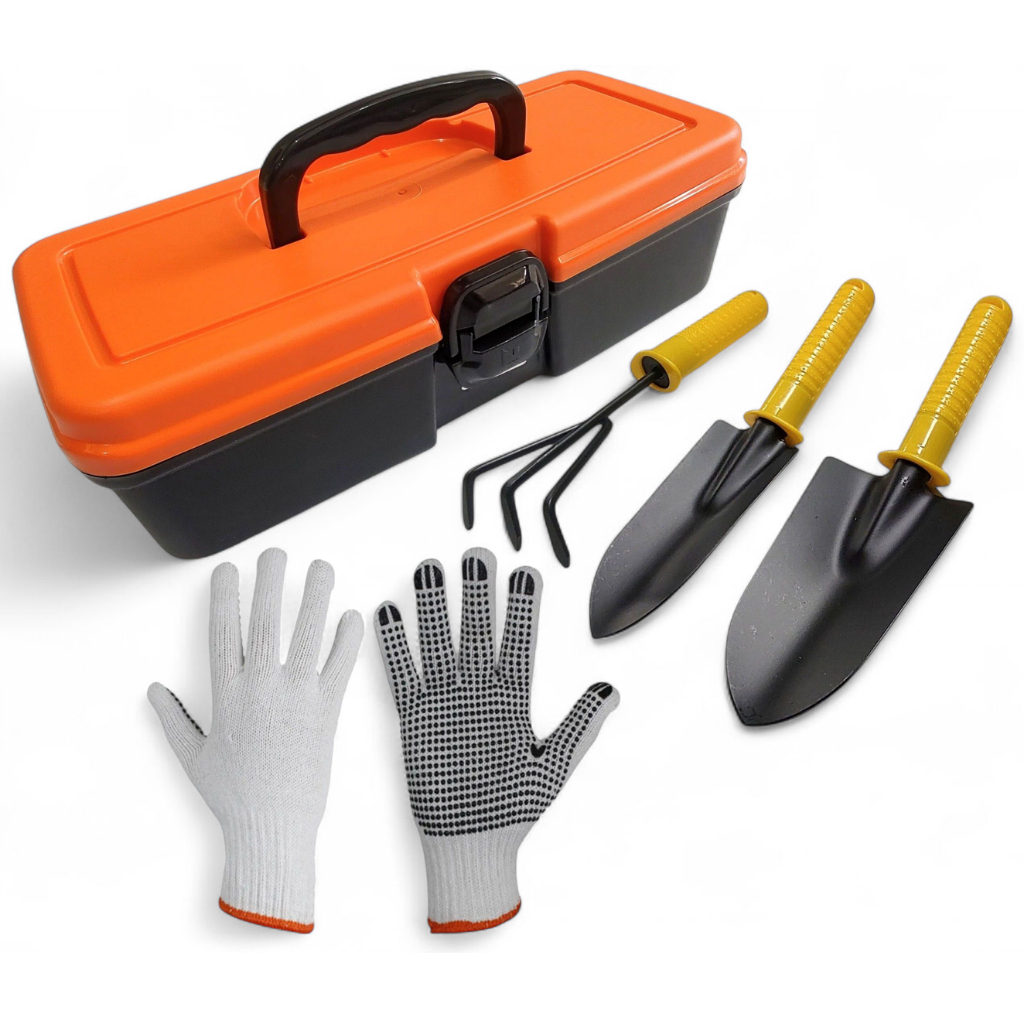Kit para jardinagem planta galho mato poda ancinho + maleta + pazinhas + luvas