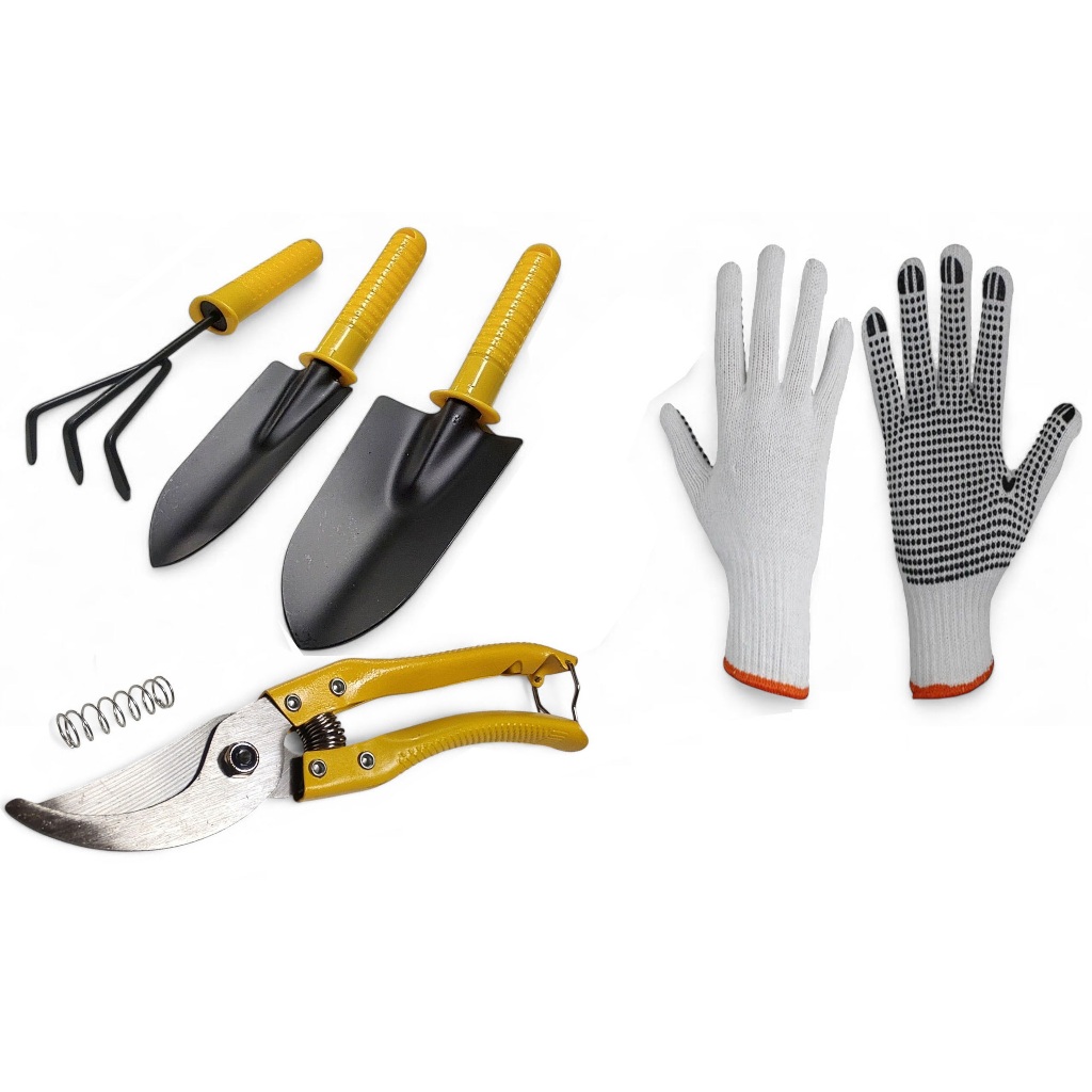 Kit jardinagem mato galho madeira planta ancinho + 2 pazinhas + luvas + tesoura para poda