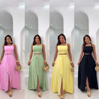 Conjunto Duna com Brilho Feminino – Top com Bojo e Amarração nas Costas + Saia Longa Forrada | Look Incrível para Festa em Oferta na Shopee