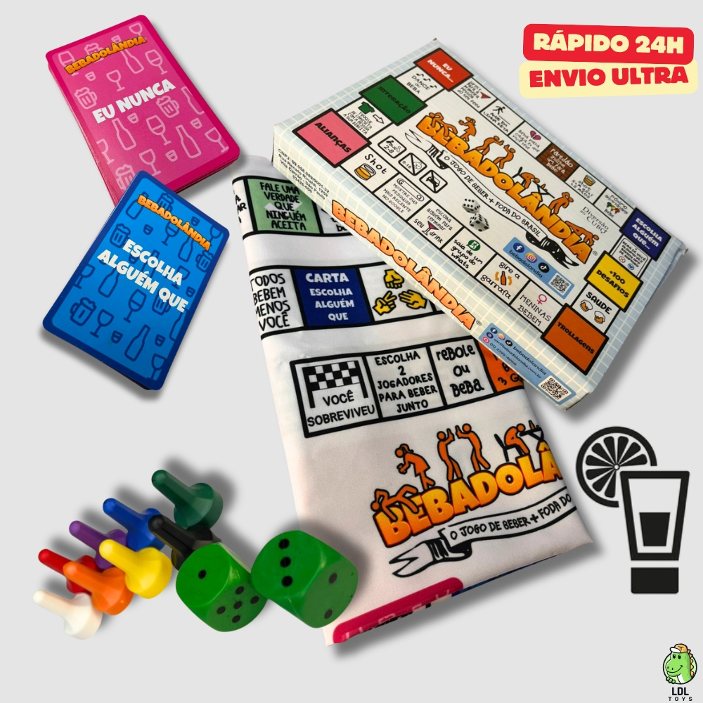 Jogo Bebadolândia Festa Esquenta Bebida After Churrasco Tabuleiro Tecido 8 Pinos 2 Dados 60 Cartas