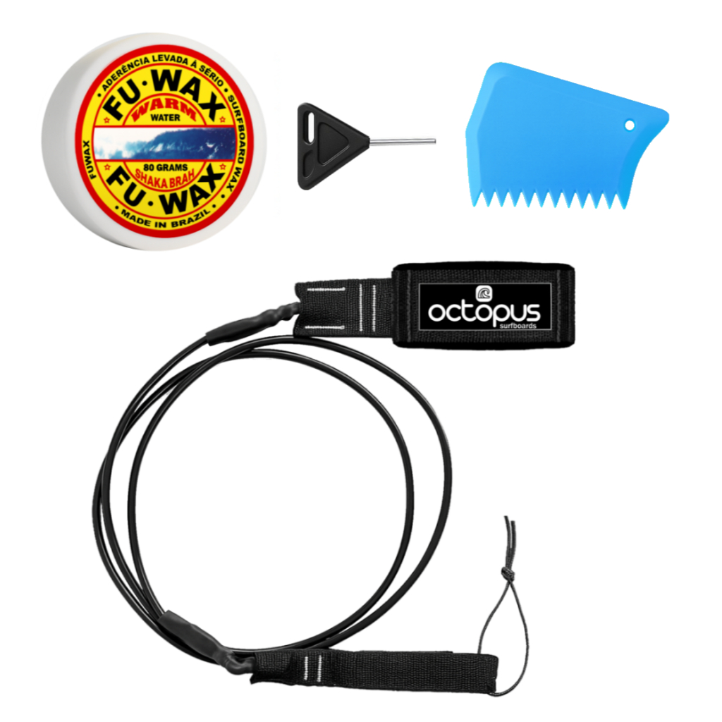 Leash Strep Prancha Surf 6´pés Competição +  Raspador + Parafina 80gr +Chave de Quilha