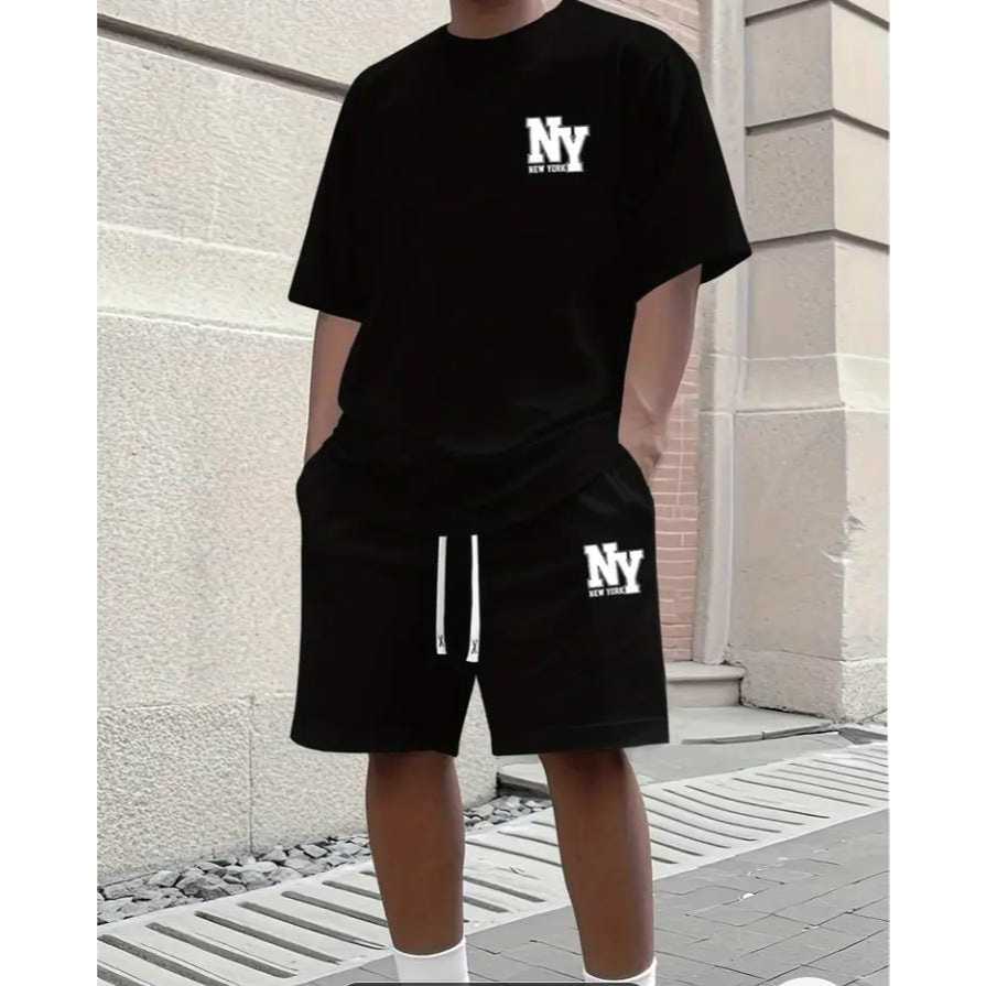 Conjunto Camiseta NY 100% Algodão Bermuda de Moletom Short com Bolso Masculina Academia Casual Treino