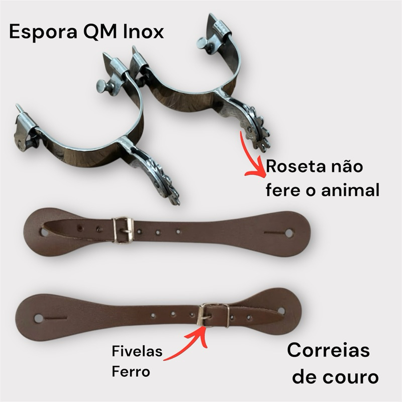 Par de Espora Inox Quarto de Milha com Correias de Couro Legitimo Vaquejada Imperdível