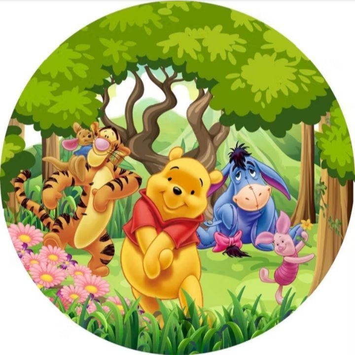 CAPA DE TECIDO DE FESTA DO TEMA DO DESENHO URSINHO POOH DE  REDONDO SUBLIMADO NO TECIDO COM ACABAMENTO NO ELASTICO em Oferta na Shopee