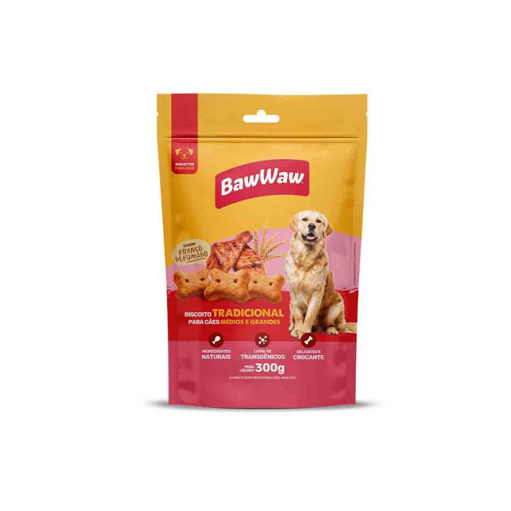 biscoito sabor frango defumado Baw Waw p/ cães adultos médio e grande porte 300g